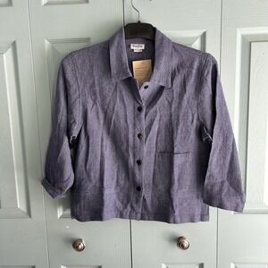 Toofan Womens Blue Woven Cropped Collared Button Up Blouse Medium Cotton